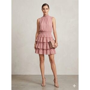 1.‎ State Romantic Soft Pink  Mini Tiered Dress S Smocked Ruffle Chiffon Wedding